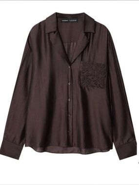 Zara Brown Pocket Embroidered Pocket Button-Down Shirt ZW Collection Size XS NWT